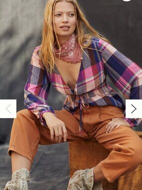 Pilcro Anthropologie Deep V Blouse in Pink & Blue Plaid - Women’s Small